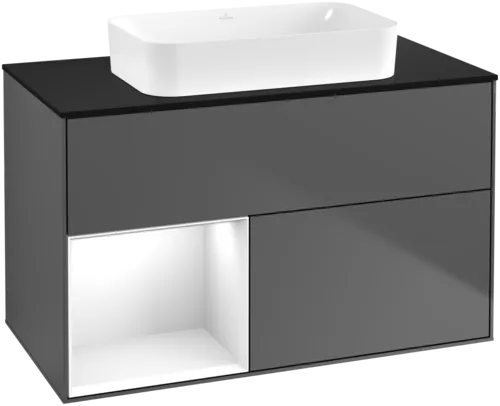 Picture of VILLEROY BOCH Finion Vanity unit, with lighting, 2 pull-out compartments, 1000 x 603 x 501 mm, Anthracite Matt Lacquer / Glossy White Lacquer / Glass Black Matt #F652GFGK