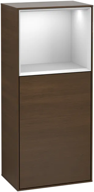 Picture of VILLEROY BOCH Finion Side cabinet, with lighting, 1 door, 418 x 936 x 270 mm, Walnut Veneer / White Matt Lacquer #F500MTGN