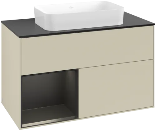 Picture of VILLEROY BOCH Finion Vanity unit, with lighting, 2 pull-out compartments, 1000 x 603 x 501 mm, Silk Grey Matt Lacquer / Black Matt Lacquer / Glass Black Matt #F652PDHJ