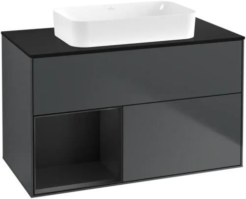 Picture of VILLEROY BOCH Finion Vanity unit, with lighting, 2 pull-out compartments, 1000 x 603 x 501 mm, Midnight Blue Matt Lacquer / Black Matt Lacquer / Glass Black Matt #F652PDHG