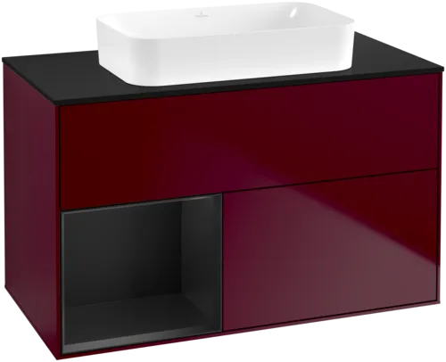 Picture of VILLEROY BOCH Finion Vanity unit, with lighting, 2 pull-out compartments, 1000 x 603 x 501 mm, Peony Matt Lacquer / Black Matt Lacquer / Glass Black Matt #F652PDHB