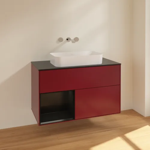 Bild von VILLEROY BOCH Finion Waschbeckenunterschrank, mit Beleuchtung, 2 Auszüge, 1000 x 603 x 501 mm, Peony Matt Lacquer / Black Matt Lacquer / Glass Black Matt #F652PDHB