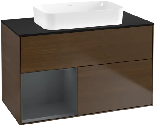 Picture of VILLEROY BOCH Finion Vanity unit, with lighting, 2 pull-out compartments, 1000 x 603 x 501 mm, Walnut Veneer / Midnight Blue Matt Lacquer / Glass Black Matt #F652HGGN