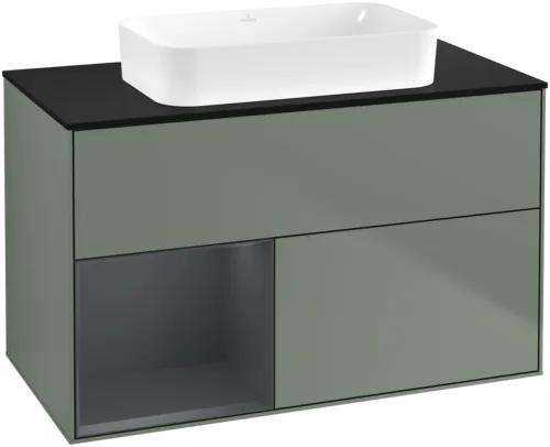 Picture of VILLEROY BOCH Finion Vanity unit, with lighting, 2 pull-out compartments, 1000 x 603 x 501 mm, Olive Matt Lacquer / Midnight Blue Matt Lacquer / Glass Black Matt #F652HGGM