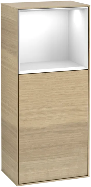 Picture of VILLEROY BOCH Finion Side cabinet, with lighting, 1 door, 418 x 936 x 270 mm, Oak Veneer / Glossy White Lacquer #F510GFPC