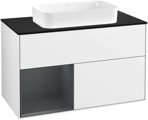 Picture of VILLEROY BOCH Finion Vanity unit, with lighting, 2 pull-out compartments, 1000 x 603 x 501 mm, Glossy White Lacquer / Midnight Blue Matt Lacquer / Glass Black Matt #F652HGGF