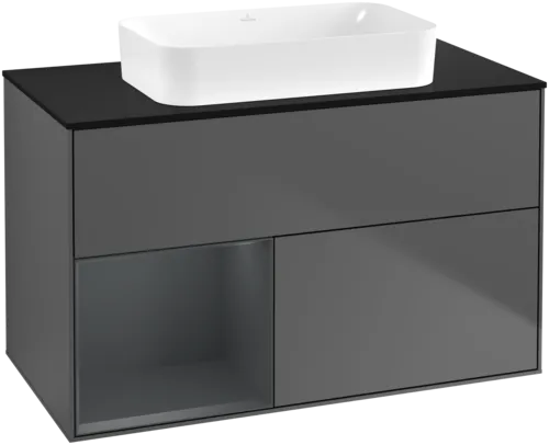 Picture of VILLEROY BOCH Finion Vanity unit, with lighting, 2 pull-out compartments, 1000 x 603 x 501 mm, Anthracite Matt Lacquer / Midnight Blue Matt Lacquer / Glass Black Matt #F652HGGK