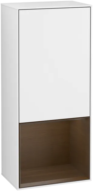Picture of VILLEROY BOCH Finion Side cabinet, with lighting, 1 door, 418 x 936 x 270 mm, Glossy White Lacquer / Walnut Veneer #F540GNGF
