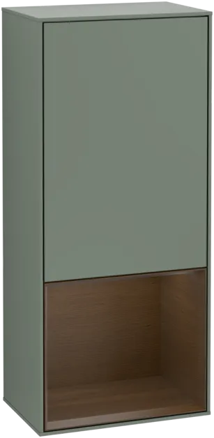 Picture of VILLEROY BOCH Finion Side cabinet, with lighting, 1 door, 418 x 936 x 270 mm, Olive Matt Lacquer / Walnut Veneer #F540GNGM