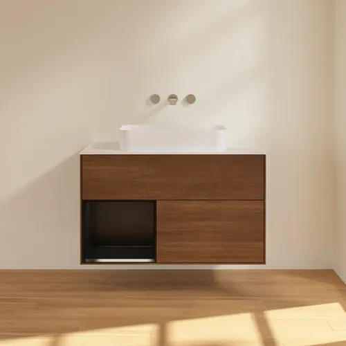 VILLEROY BOCH Finion Waschbeckenunterschrank, mit Beleuchtung, 2 Auszüge, 1000 x 603 x 501 mm, Walnut Veneer / Black Matt Lacquer / Glass White Matt #F651PDGN, Bild 3