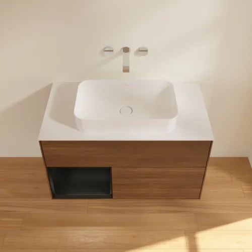 VILLEROY BOCH Finion Waschbeckenunterschrank, mit Beleuchtung, 2 Auszüge, 1000 x 603 x 501 mm, Walnut Veneer / Black Matt Lacquer / Glass White Matt #F651PDGN, Bild 4