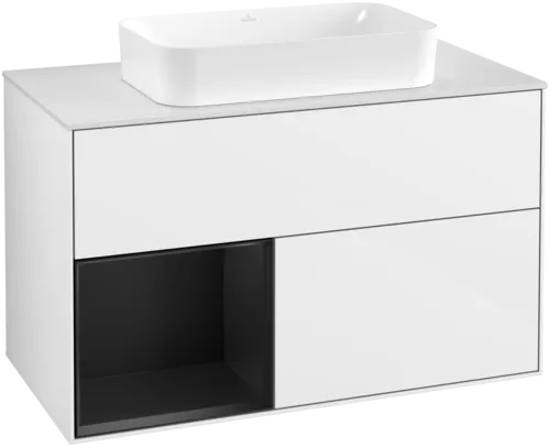 Obrázek VILLEROY BOCH Umyvadlová skříňka Finion, s osvětlením, 2 výsuvy, 1000 x 603 x 501 mm, lesklý bílý lak / černý matný lak / bílé matné sklo #F651PDGF