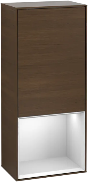 Picture of VILLEROY BOCH Finion Side cabinet, with lighting, 1 door, 418 x 936 x 270 mm, Walnut Veneer / White Matt Lacquer #F540MTGN