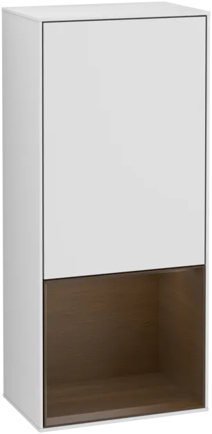 Picture of VILLEROY BOCH Finion Side cabinet, with lighting, 1 door, 418 x 936 x 270 mm, White Matt Lacquer / Walnut Veneer #F540GNMT