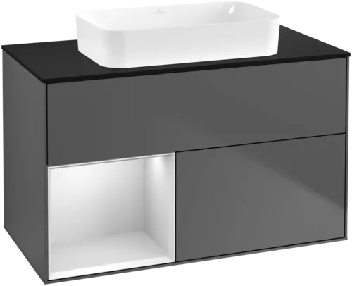 Obrázek VILLEROY BOCH Toaletní skříňka Finion, s osvětlením, 2 výsuvy, 1000 x 603 x 501 mm, antracitový matný lak / bílý matný lak / černé matné sklo #F652MTGK