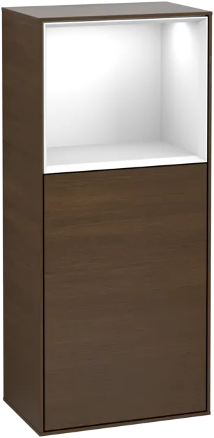 Зображення з  VILLEROY BOCH Finion Side cabinet, with lighting, 1 door, 418 x 936 x 270 mm, Walnut Veneer / Glossy White Lacquer #F510GFGN