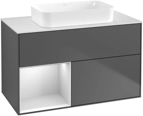 Obrázek VILLEROY BOCH Toaletní skříňka Finion, s osvětlením, 2 výsuvy, 1000 x 603 x 501 mm, antracitový matný lak / bílý matný lak / bílé matné sklo #F651MTGK