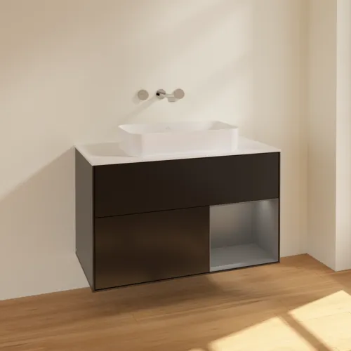 Bild von VILLEROY BOCH Finion Waschbeckenunterschrank, mit Beleuchtung, 2 Auszüge, 1000 x 603 x 501 mm, Black Matt Lacquer / Anthracite Matt Lacquer / Glass White Matt #F661GKPD