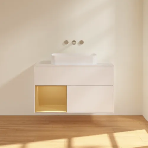 VILLEROY BOCH Finion Waschbeckenunterschrank, mit Beleuchtung, 2 Auszüge, 1000 x 603 x 501 mm, White Matt Lacquer / Gold Matt Lacquer / Glass White Matt #F651HFMT, Bild 3