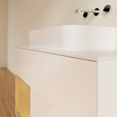 VILLEROY BOCH Finion Waschbeckenunterschrank, mit Beleuchtung, 2 Auszüge, 1000 x 603 x 501 mm, White Matt Lacquer / Gold Matt Lacquer / Glass White Matt #F651HFMT, Bild 6
