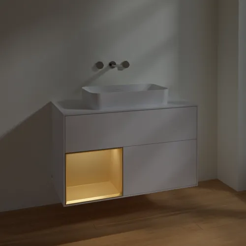 VILLEROY BOCH Finion Waschbeckenunterschrank, mit Beleuchtung, 2 Auszüge, 1000 x 603 x 501 mm, White Matt Lacquer / Gold Matt Lacquer / Glass White Matt #F651HFMT, Bild 5