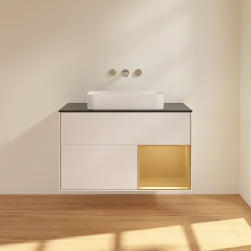 Bild von VILLEROY BOCH Finion Waschbeckenunterschrank, mit Beleuchtung, 2 Auszüge, 1000 x 603 x 501 mm, Glossy White Lacquer / Gold Matt Lacquer / Glass Black Matt #F662HFGF