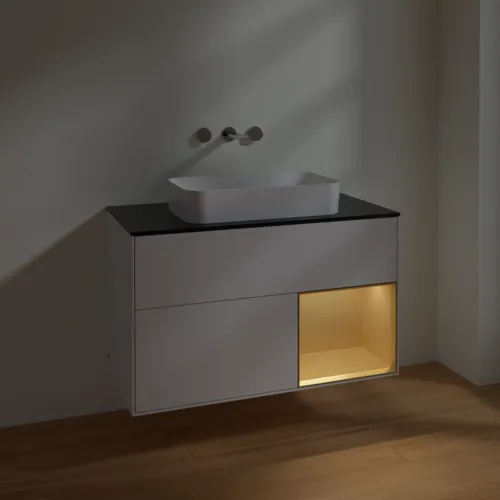 Bild von VILLEROY BOCH Finion Waschbeckenunterschrank, mit Beleuchtung, 2 Auszüge, 1000 x 603 x 501 mm, Glossy White Lacquer / Gold Matt Lacquer / Glass Black Matt #F662HFGF