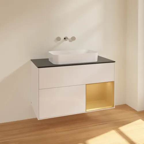Bild von VILLEROY BOCH Finion Waschbeckenunterschrank, mit Beleuchtung, 2 Auszüge, 1000 x 603 x 501 mm, Glossy White Lacquer / Gold Matt Lacquer / Glass Black Matt #F662HFGF