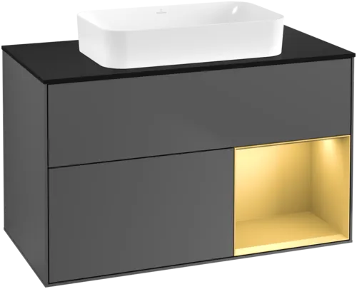 Obrázek VILLEROY BOCH Toaletní skříňka Finion, s osvětlením, 2 výsuvy, 1000 x 603 x 501 mm, antracit matný lak / zlatý matný lak / černé matné sklo #F662HFGK