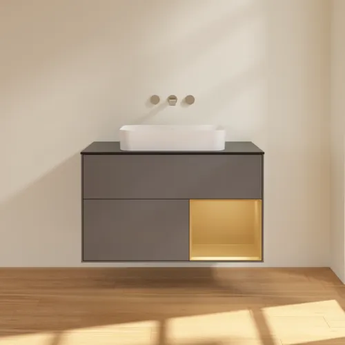 Bild von VILLEROY BOCH Finion Waschbeckenunterschrank, mit Beleuchtung, 2 Auszüge, 1000 x 603 x 501 mm, Anthracite Matt Lacquer / Gold Matt Lacquer / Glass Black Matt #F662HFGK