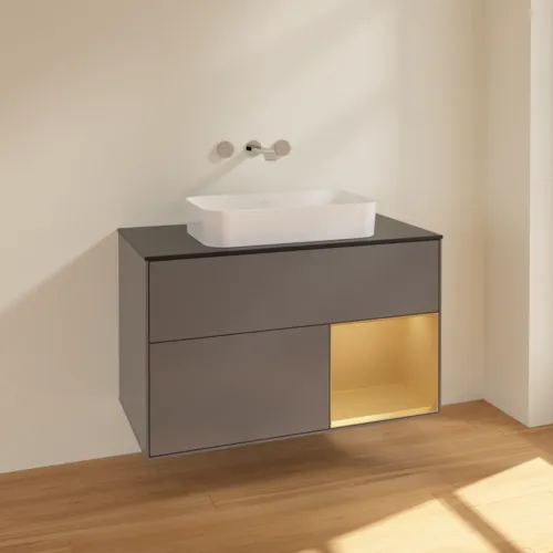 Bild von VILLEROY BOCH Finion Waschbeckenunterschrank, mit Beleuchtung, 2 Auszüge, 1000 x 603 x 501 mm, Anthracite Matt Lacquer / Gold Matt Lacquer / Glass Black Matt #F662HFGK