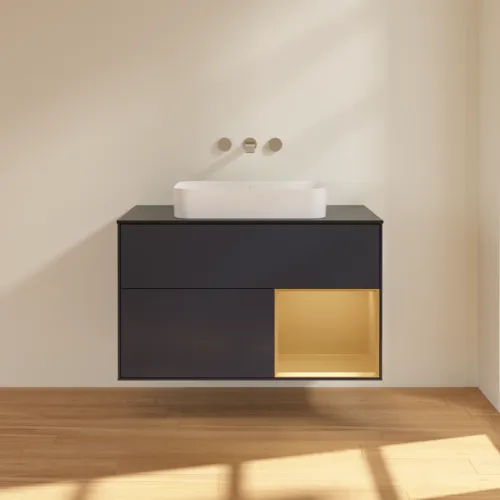 VILLEROY BOCH Finion Waschbeckenunterschrank, mit Beleuchtung, 2 Auszüge, 1000 x 603 x 501 mm, Midnight Blue Matt Lacquer / Gold Matt Lacquer / Glass Black Matt #F662HFHG, Bild 3