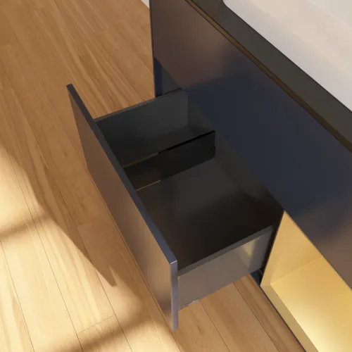 VILLEROY BOCH Finion Waschbeckenunterschrank, mit Beleuchtung, 2 Auszüge, 1000 x 603 x 501 mm, Midnight Blue Matt Lacquer / Gold Matt Lacquer / Glass Black Matt #F662HFHG, Bild 7