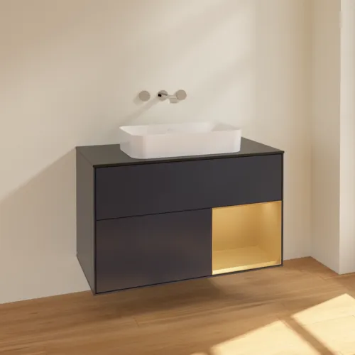 VILLEROY BOCH Finion Waschbeckenunterschrank, mit Beleuchtung, 2 Auszüge, 1000 x 603 x 501 mm, Midnight Blue Matt Lacquer / Gold Matt Lacquer / Glass Black Matt #F662HFHG, Bild 2