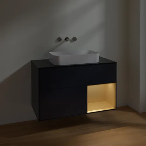 VILLEROY BOCH Finion Waschbeckenunterschrank, mit Beleuchtung, 2 Auszüge, 1000 x 603 x 501 mm, Midnight Blue Matt Lacquer / Gold Matt Lacquer / Glass Black Matt #F662HFHG, Bild 5