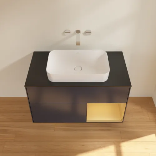 VILLEROY BOCH Finion Waschbeckenunterschrank, mit Beleuchtung, 2 Auszüge, 1000 x 603 x 501 mm, Midnight Blue Matt Lacquer / Gold Matt Lacquer / Glass Black Matt #F662HFHG, Bild 4