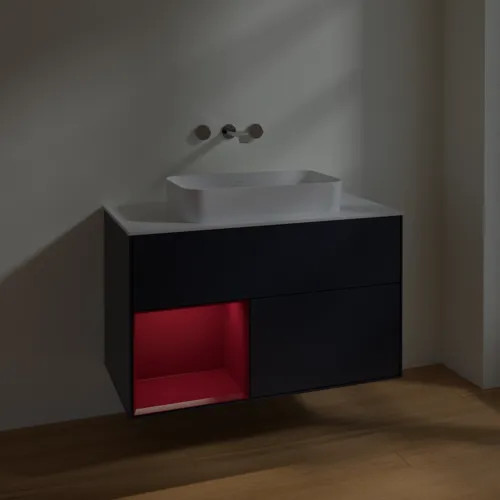 VILLEROY BOCH Finion Waschbeckenunterschrank, mit Beleuchtung, 2 Auszüge, 1000 x 603 x 501 mm, Midnight Blue Matt Lacquer / Peony Matt Lacquer / Glass White Matt #F651HBHG, Bild 5