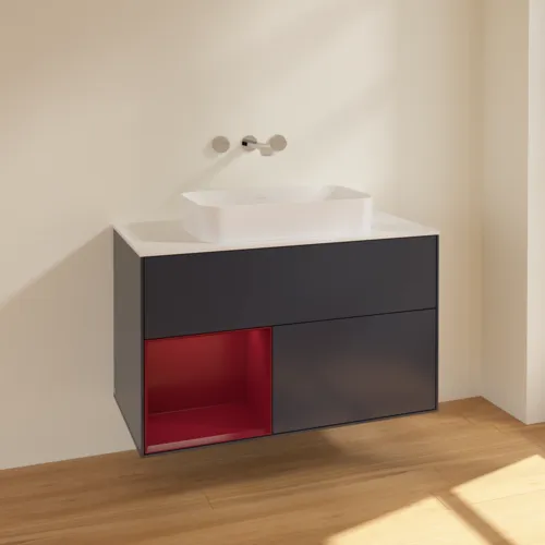 VILLEROY BOCH Finion Waschbeckenunterschrank, mit Beleuchtung, 2 Auszüge, 1000 x 603 x 501 mm, Midnight Blue Matt Lacquer / Peony Matt Lacquer / Glass White Matt #F651HBHG, Bild 2