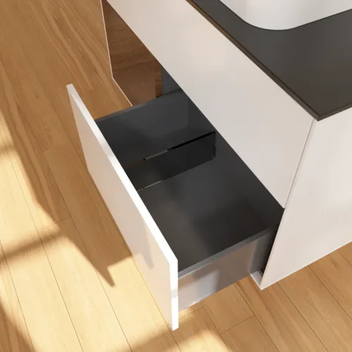 VILLEROY BOCH Finion Waschbeckenunterschrank, mit Beleuchtung, 2 Auszüge, 1000 x 603 x 501 mm, Glossy White Lacquer / Walnut Veneer / Glass Black Matt #F652GNGF, Bild 7