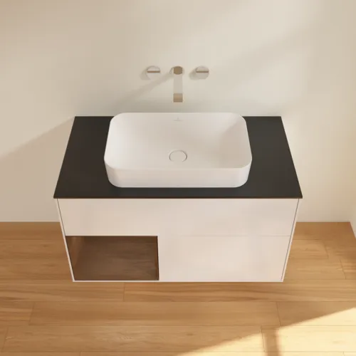 VILLEROY BOCH Finion Waschbeckenunterschrank, mit Beleuchtung, 2 Auszüge, 1000 x 603 x 501 mm, Glossy White Lacquer / Walnut Veneer / Glass Black Matt #F652GNGF, Bild 4