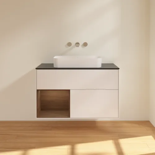 VILLEROY BOCH Finion Waschbeckenunterschrank, mit Beleuchtung, 2 Auszüge, 1000 x 603 x 501 mm, Glossy White Lacquer / Walnut Veneer / Glass Black Matt #F652GNGF, Bild 3