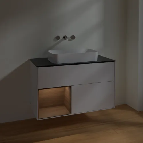 VILLEROY BOCH Finion Waschbeckenunterschrank, mit Beleuchtung, 2 Auszüge, 1000 x 603 x 501 mm, Glossy White Lacquer / Walnut Veneer / Glass Black Matt #F652GNGF, Bild 5