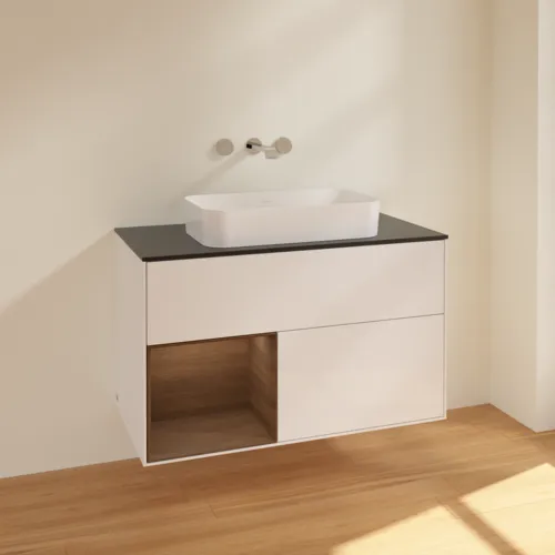VILLEROY BOCH Finion Waschbeckenunterschrank, mit Beleuchtung, 2 Auszüge, 1000 x 603 x 501 mm, Glossy White Lacquer / Walnut Veneer / Glass Black Matt #F652GNGF, Bild 2