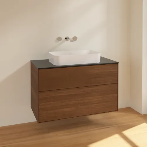 Bild von VILLEROY BOCH Finion Waschbeckenunterschrank, 2 Auszüge, 1000 x 603 x 501 mm, Walnut Veneer / Glass Black Matt #F64200GN