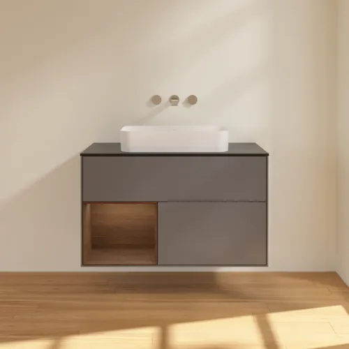 Bild von VILLEROY BOCH Finion Waschbeckenunterschrank, mit Beleuchtung, 2 Auszüge, 1000 x 603 x 501 mm, Anthracite Matt Lacquer / Walnut Veneer / Glass Black Matt #F652GNGK