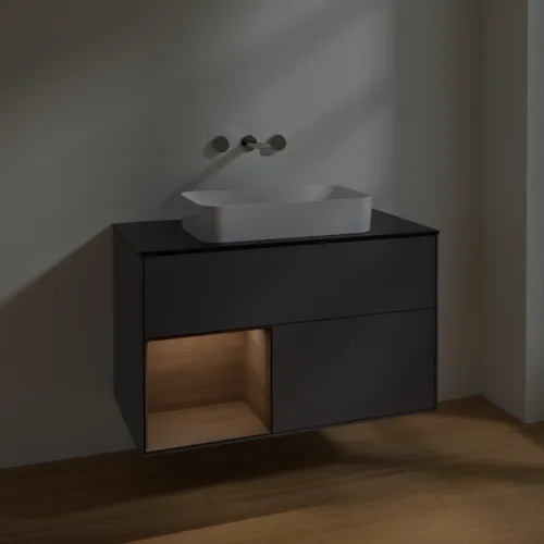 Bild von VILLEROY BOCH Finion Waschbeckenunterschrank, mit Beleuchtung, 2 Auszüge, 1000 x 603 x 501 mm, Anthracite Matt Lacquer / Walnut Veneer / Glass Black Matt #F652GNGK