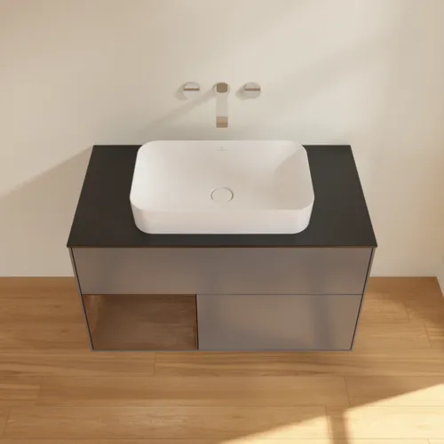 Bild von VILLEROY BOCH Finion Waschbeckenunterschrank, mit Beleuchtung, 2 Auszüge, 1000 x 603 x 501 mm, Anthracite Matt Lacquer / Walnut Veneer / Glass Black Matt #F652GNGK