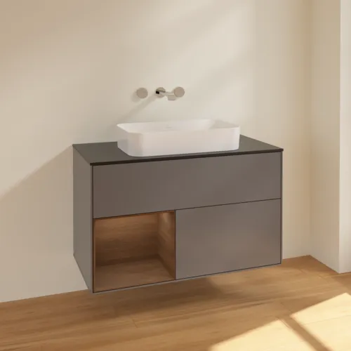 Bild von VILLEROY BOCH Finion Waschbeckenunterschrank, mit Beleuchtung, 2 Auszüge, 1000 x 603 x 501 mm, Anthracite Matt Lacquer / Walnut Veneer / Glass Black Matt #F652GNGK