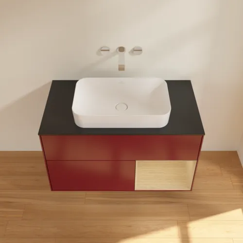 Bild von VILLEROY BOCH Finion Waschbeckenunterschrank, mit Beleuchtung, 2 Auszüge, 1000 x 603 x 501 mm, Peony Matt Lacquer / Oak Veneer / Glass Black Matt #F662PCHB