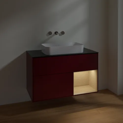 Bild von VILLEROY BOCH Finion Waschbeckenunterschrank, mit Beleuchtung, 2 Auszüge, 1000 x 603 x 501 mm, Peony Matt Lacquer / Oak Veneer / Glass Black Matt #F662PCHB